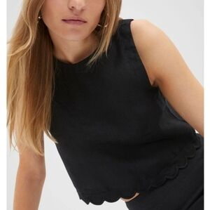 Elodie Black Scalloped Hem Linen Blend Tank Top